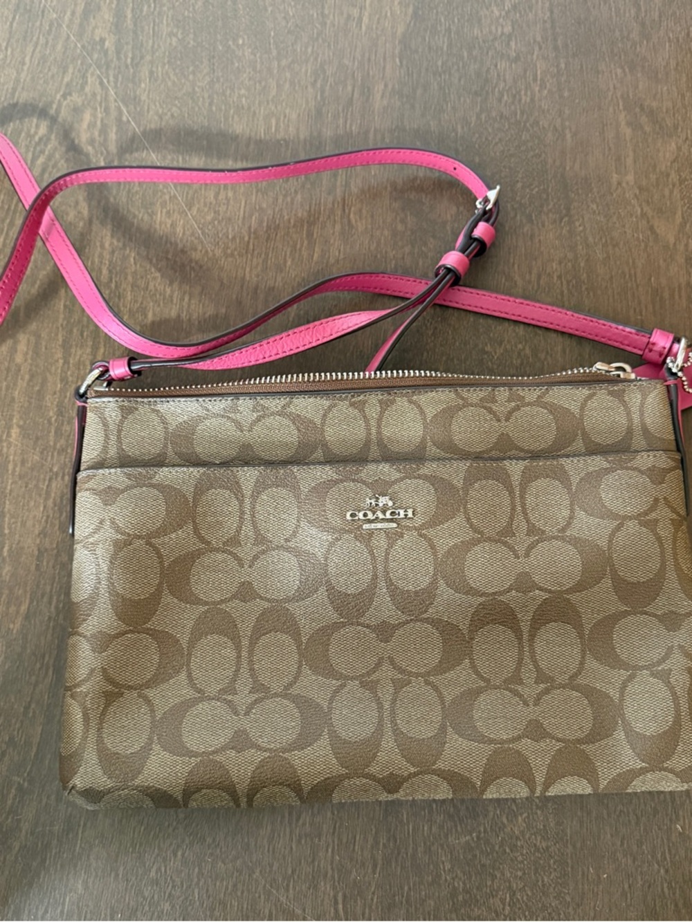 Coach F58316 Signature East West Pop Up Tanish Brown Pink Crossbody Bag